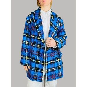 Zara Blue Yellow Black Plaid Tweed Double Breasted Coat